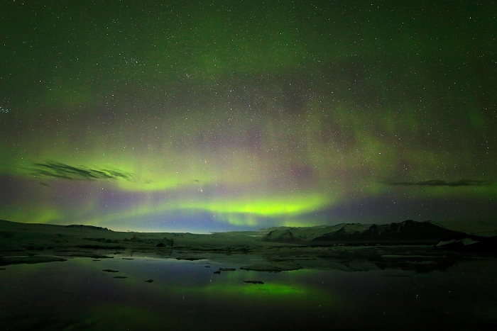 Polární záře, Jökulsárlón Glacier Lagoon, Island