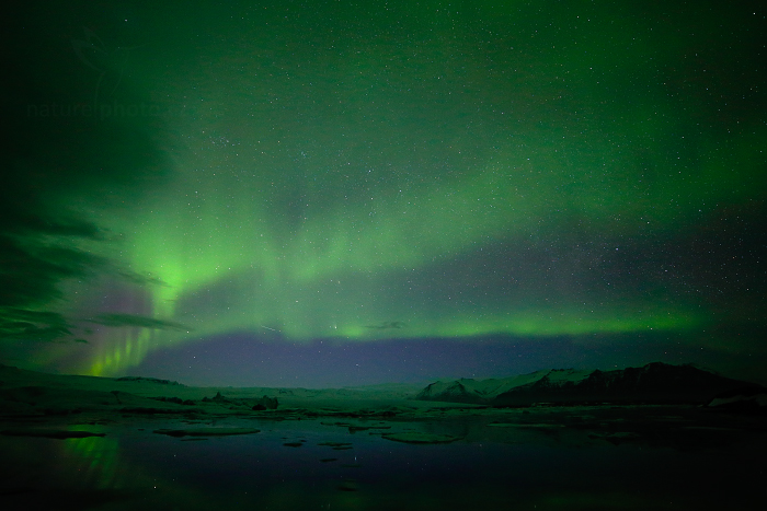 Polární záře, Jökulsárlón Glacier Lagoon, Island